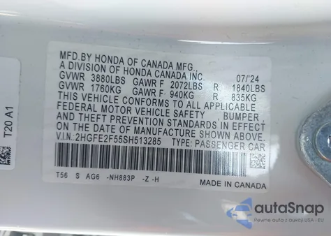 2025 Honda Civic Sport z USA, uszkodzony, nr VIN 2HGFE2F55SH513285